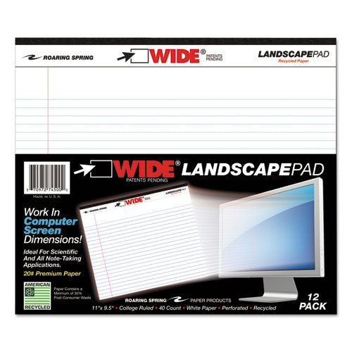 WIDE Landscape Format Writing Pad, Unpunched with Standard Back, Medium/College Rule, 40 White 11 x 9.5 Sheets-(ROA74500)