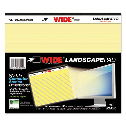 WIDE Landscape Format Writing Pad, Unpunched with Standard Back, Medium/College Rule, 40 Canary-Yellow 11 x 9.5 Sheets-(ROA74501)