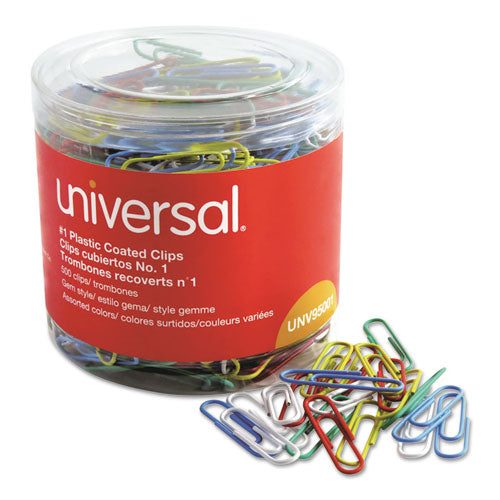 Plastic-Coated Paper Clips with One-Compartment Storage Tub, #1, Assorted Colors, 500/Pack-(UNV95001)