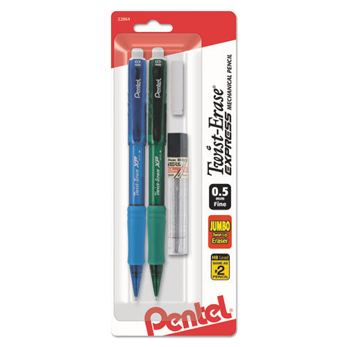 Twist-Erase EXPRESS Mechanical Pencil Refill Pack, 0.5 mm, HB (#2.5), Black Lead, Assorted Barrel Colors, 2 Pencils-(PENQE415LEBP2)