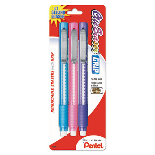 Clic Eraser Grip Eraser, For Pencil Marks, White Eraser, Randomly Assorted Barrel Colors (Three-Colors), 3/Pack-(PENZE21TBP3M)