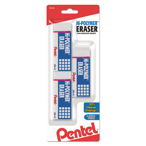 Hi-Polymer Eraser, For Pencil Marks, Rectangular Block, Medium, White, 3/Pack-(PENZEH10BP3K6)