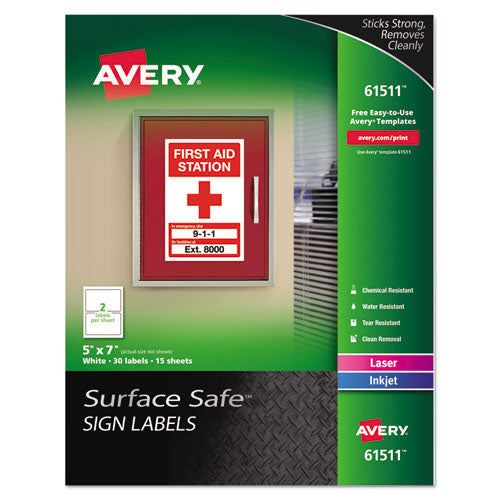 Surface Safe Removable Label Safety Signs, Inkjet/Laser Printers, 5 x 7, White, 2/Sheet, 15 Sheets/Pack-(AVE61511)