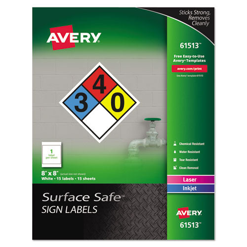 Surface Safe Removable Label Safety Signs, Inkjet/Laser Printers, 8 x 8, White, 15/Pack-(AVE61513)