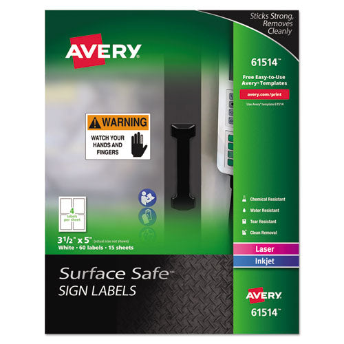 Surface Safe Removable Label Safety Signs, Inkjet/Laser Printers, 3.5 x 5, White, 4/Sheet, 15 Sheets/Pack-(AVE61514)