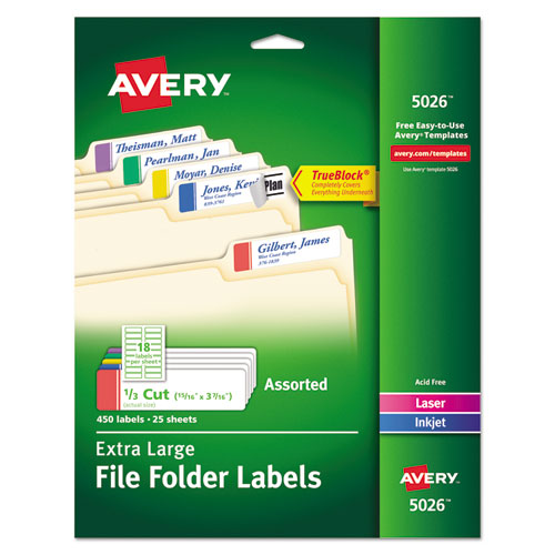 Extra-Large TrueBlock File Folder Labels with Sure Feed Technology, 0.94 x 3.44, White, 18/Sheet, 25 Sheets/Pack-(AVE5026)