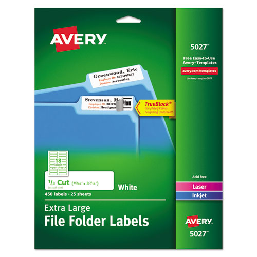 Extra-Large TrueBlock File Folder Labels with Sure Feed Technology, 0.94 x 3.44, White, 18/Sheet, 25 Sheets/Pack-(AVE5027)