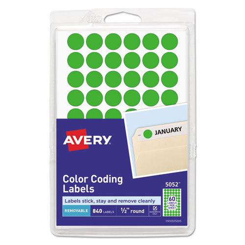 Handwrite Only Self-Adhesive Removable Round Color-Coding Labels, 0.5" dia, Neon Green, 60/Sheet, 14 Sheets/Pack, (5052)-(AVE05052)