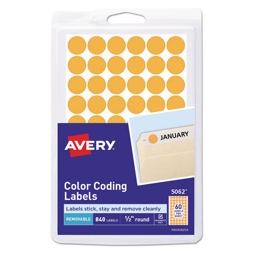 Handwrite Only Self-Adhesive Removable Round Color-Coding Labels, 0.5" dia, Neon Orange, 60/Sheet, 14 Sheets/Pack, (5062)-(AVE05062)