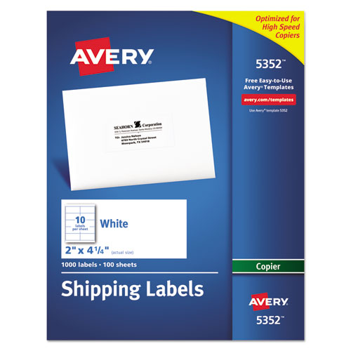 Copier Mailing Labels, Copiers, 2 x 4.25, White, 10/Sheet, 100 Sheets/Box-(AVE5352)