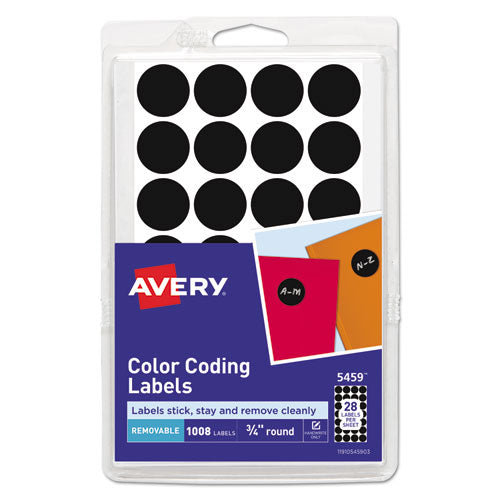 Handwrite Only Self-Adhesive Removable Round Color-Coding Labels, 0.75" dia, Black, 28/Sheet, 36 Sheets/Pack, (5459)-(AVE05459)