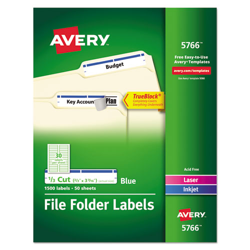 Permanent TrueBlock File Folder Labels with Sure Feed Technology, 0.66 x 3.44, Blue/White, 30/Sheet, 50 Sheets/Box-(AVE5766)