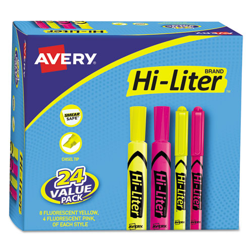 HI-LITER Highlighter Value Pack, Desk/Pen Style Combo, Assorted Ink Colors, Chisel/Bullet Tips, Assorted Barrel Colors, 24/PK-(AVE29862)