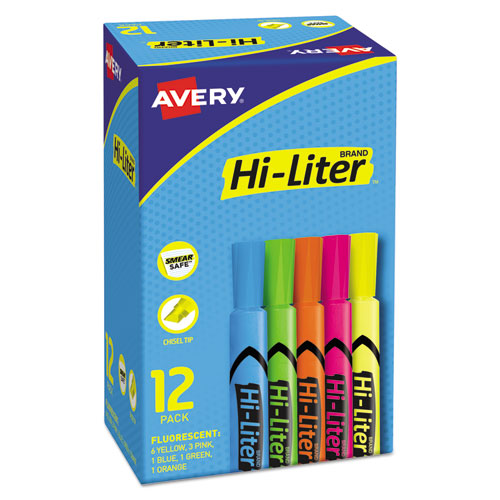 HI-LITER Desk-Style Highlighters, Assorted Ink Colors, Chisel Tip, Assorted Barrel Colors, Dozen-(AVE98034)