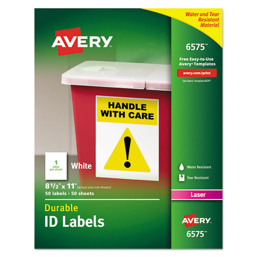 Durable Permanent ID Labels with TrueBlock Technology, Laser Printers, 8.5 x 11, White, 50/Pack-(AVE6575)