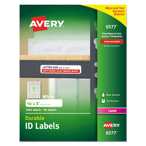 Durable Permanent ID Labels with TrueBlock Technology, Laser Printers, 0.63 x 3, White, 32/Sheet, 50 Sheets/Pack-(AVE6577)