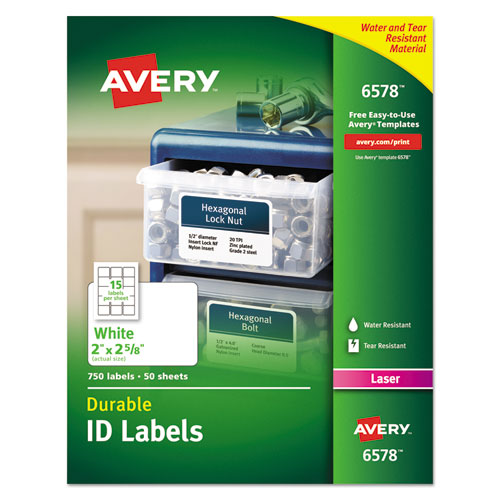 Durable Permanent ID Labels with TrueBlock Technology, Laser Printers, 2 x 2.63, White, 15/Sheet, 50 Sheets/Pack-(AVE6578)