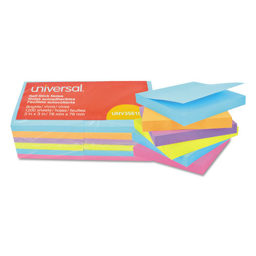 Self-Stick Note Pads, 3" x 3", Assorted Bright Colors, 100 Sheets/Pad, 12 Pads/Pack-(UNV35610)