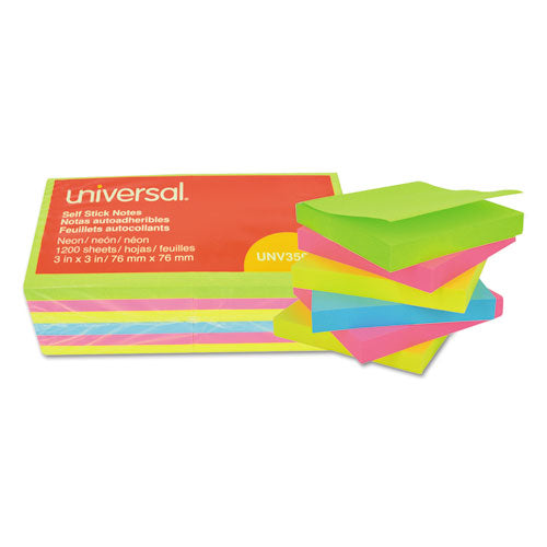 Self-Stick Note Pads, 3" x 3", Assorted Neon Colors, 100 Sheets/Pad, 12 Pads/Pack-(UNV35612)