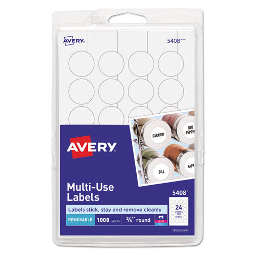 Removable Multi-Use Labels, Inkjet/Laser Printers, 0.75" dia, White, 24/Sheet, 42 Sheets/Pack, (5408)-(AVE05408)