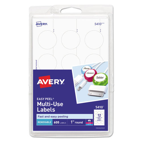 Removable Multi-Use Labels, Inkjet/Laser Printers, 1" dia, White, 12/Sheet, 50 Sheets/Pack, (5410)-(AVE05410)