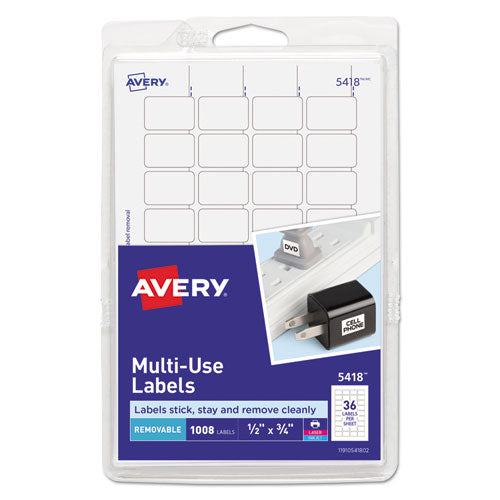 Removable Multi-Use Labels, Inkjet/Laser Printers, 0.5 x 0.75, White, 36/Sheet, 28 Sheets/Pack, (5418)-(AVE05418)