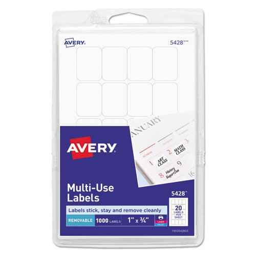 Removable Multi-Use Labels, Inkjet/Laser Printers, 1 x 0.75, White, 20/Sheet, 50 Sheets/Pack, (5428)-(AVE05428)