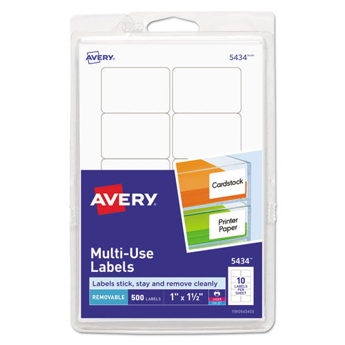 Removable Multi-Use Labels, Inkjet/Laser Printers, 1 x 1.5, White, 10/Sheet, 50 Sheets/Pack, (5434)-(AVE05434)