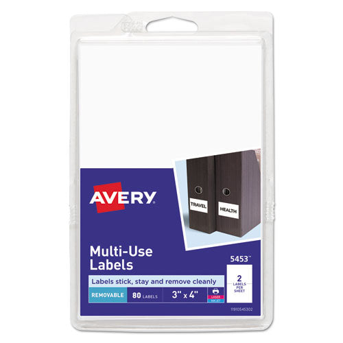 Removable Multi-Use Labels, Inkjet/Laser Printers, 3 x 4, White, 2/Sheet, 40 Sheets/Pack, (5453)-(AVE05453)