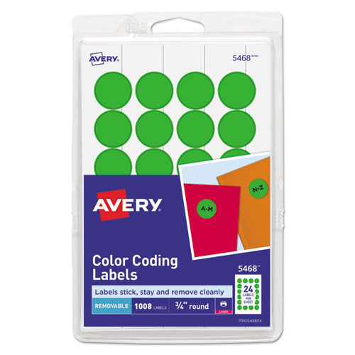 Printable Self-Adhesive Removable Color-Coding Labels, 0.75" dia, Green, 24/Sheet, 42 Sheets/Pack, (5463)-(AVE05463)