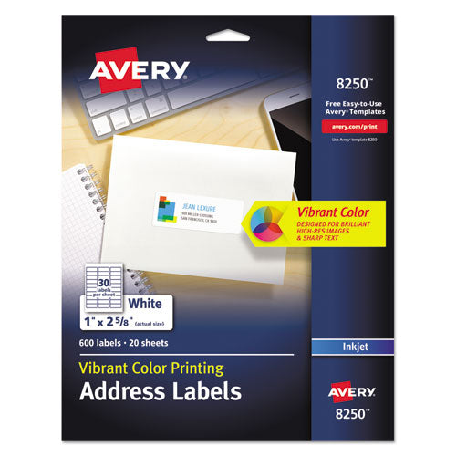 Vibrant Inkjet Color-Print Labels w/ Sure Feed, 1 x 2.63, Matte White, 600/PK-(AVE8250)