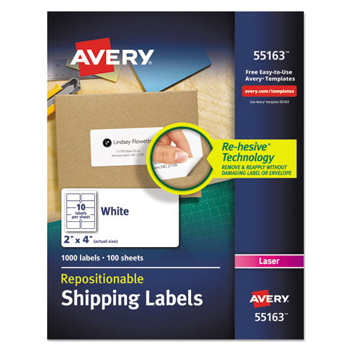 Repositionable Shipping Labels w/Sure Feed, Inkjet/Laser, 2 x 4, White, 1000/Box-(AVE55163)