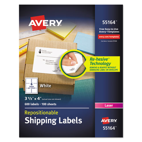 Repositionable Shipping Labels w/SureFeed, Laser, 3.33 x 4, White, 600/Box-(AVE55164)