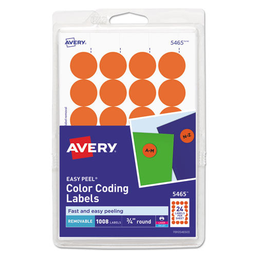 Printable Self-Adhesive Removable Color-Coding Labels, 0.75" dia, Orange, 24/Sheet, 42 Sheets/Pack, (5465)-(AVE05465)