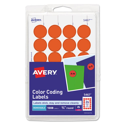 Printable Self-Adhesive Removable Color-Coding Labels, 0.75" dia, Neon Red, 24/Sheet, 42 Sheets/Pack, (5467)-(AVE05467)