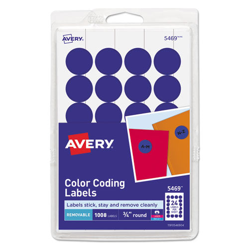 Printable Self-Adhesive Removable Color-Coding Labels, 0.75" dia, Dark Blue, 24/Sheet, 42 Sheets/Pack, (5469)-(AVE05469)