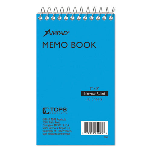 Memo Pads, Narrow Rule, Randomly Assorted Cover Colors, 50 White 3 x 5 Sheets-(TOP25093)