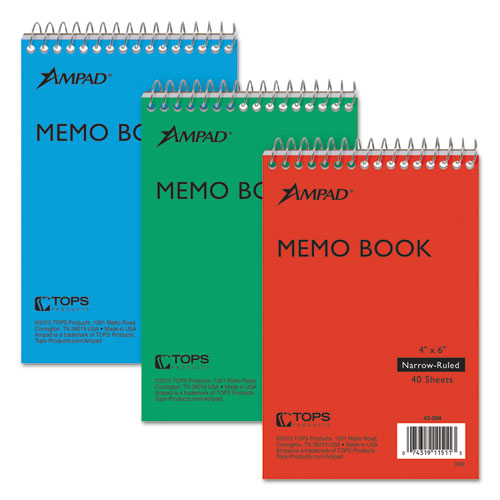 Memo Pads, Narrow Rule, Assorted Cover Colors, 40 White 4 x 6 Sheets, 3/Pack-(TOP45094)