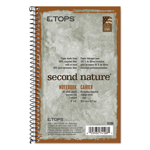 Second Nature Single Subject Wirebound Notebooks, Narrow Rule, Green Cover, (80) 8 x 5 Sheets-(TOP74108)