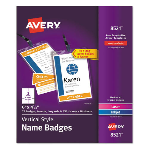 Lanyard-Style Badge Holder w/Laser/Inkjet Inserts, Top Load, 4.25 x 6, WE, 75/PK-(AVE8521)