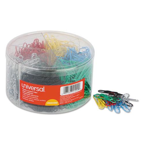 Plastic-Coated Paper Clips with Six-Compartment Organizer Tub, #3, Assorted Colors, 1,000/Pack-(UNV21000)