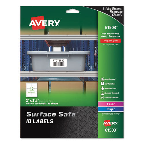 Surface Safe ID Labels, Inkjet/Laser Printers, 2 x 3.5, White, 10/Sheet, 25 Sheets/Pack-(AVE61503)