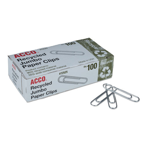 Recycled Paper Clips, Jumbo, Smooth, Silver, 100 Clips/Box, 10 Boxes/Pack-(ACC72525)