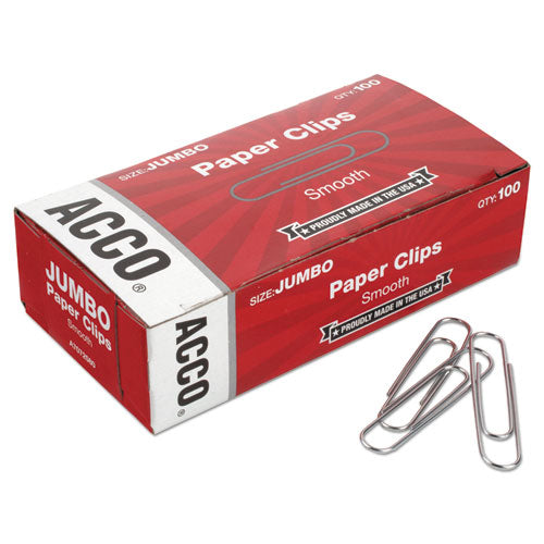 Paper Clips, Jumbo, Smooth, Silver, 100 Clips/Box, 10 Boxes/Pack-(ACC72580)