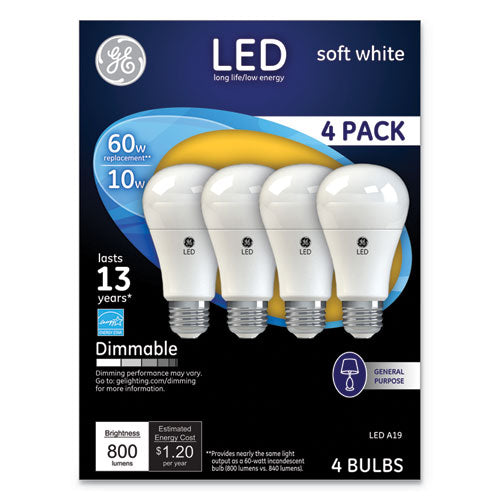 LED Soft White A19 Dimmable Light Bulb, 10 W, 4/Pack-(GEL67615)