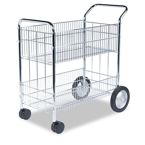 Wire Mail Cart, Metal, 2 Bins, 21.5" x 37.5" x 39.5", Chrome-(FEL40912)