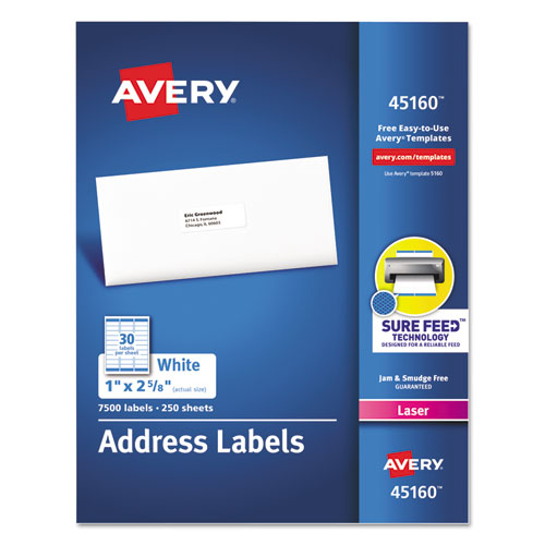 White Address Labels w/ Sure Feed Technology for Laser Printers, Laser Printers, 1 x 2.63, White, 30/Sheet, 250 Sheets/Box-(AVE45160)