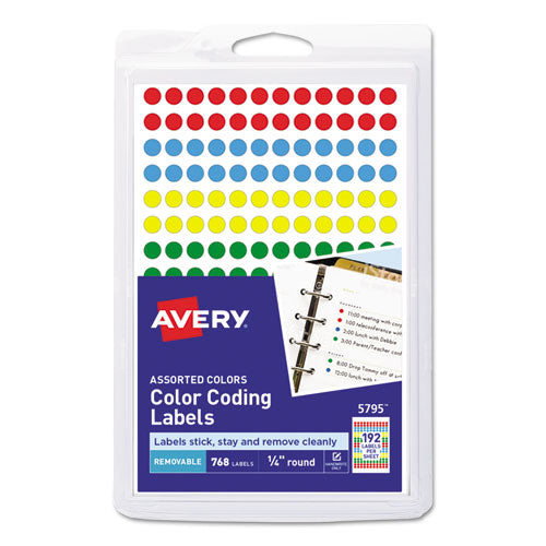 Handwrite Only Self-Adhesive Removable Round Color-Coding Labels, 0.25" dia, Assorted, 192/Sheet, 4 Sheets/Pack, (5795)-(AVE05795)