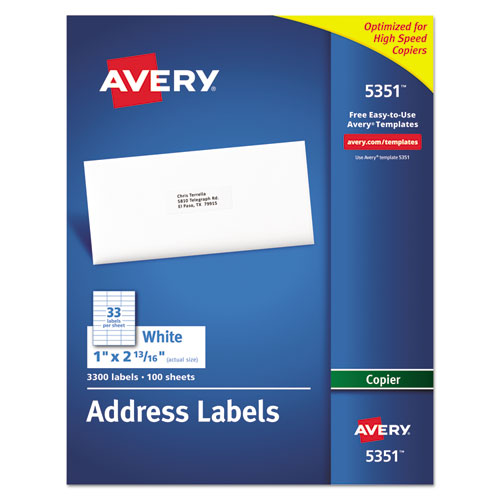 Copier Mailing Labels, Copiers, 1 x 2.81, White, 33/Sheet, 100 Sheets/Box-(AVE5351)