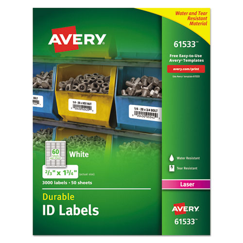 Durable Permanent ID Labels with TrueBlock Technology, Laser Printers, 0.66 x 1.75, White, 60/Sheet, 50 Sheets/Pack-(AVE61533)